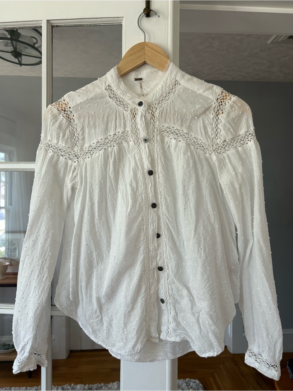 Free People White Swiss Dot Crochet Trim Button-Front Blouse - Picture 8 of 9